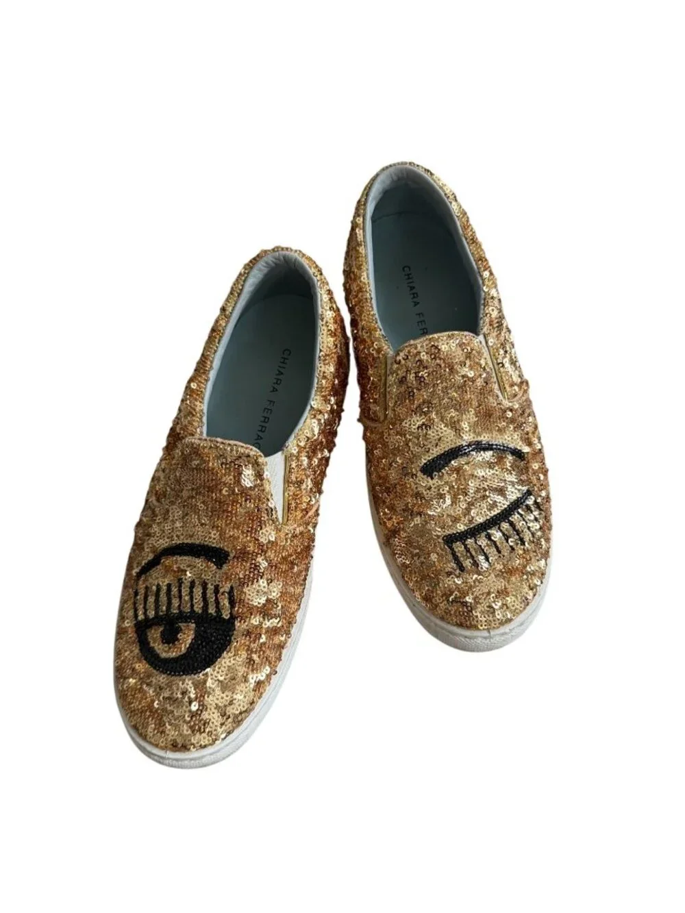 CHIARA FERRAGNI Gold Sequin Slip On Sneakers Size 37 / US 7